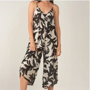 Elan Black & Ecru Adjustable Straps Mono Leaf Print Wide Leg Jumpsuit XL